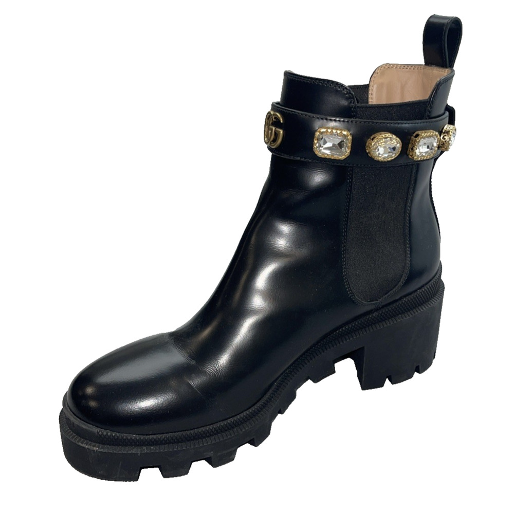 Gucci GG Ankle Chelsea Black 10.5 (IT 40.5) Boots Crystal‎ Belt Leather 550036